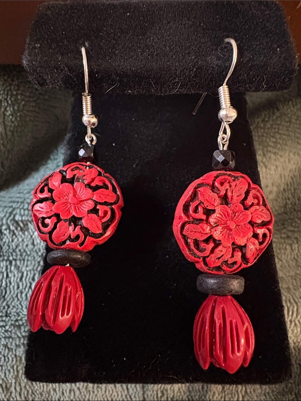 Hand Crafted Red Carved Cinnabar and Spinel Floral Drop Earrings